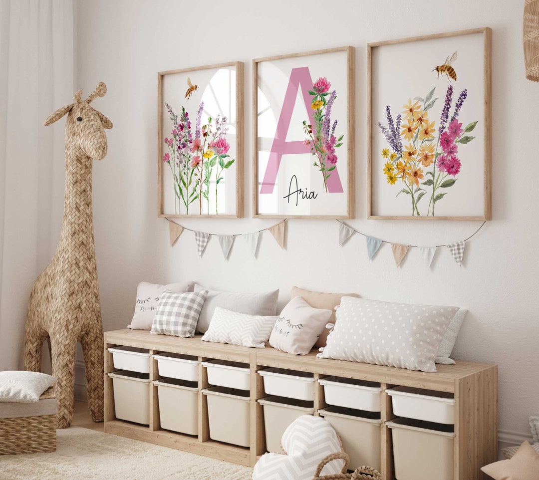Wildflower Nursery, Girl Personalized Name, Honey Bee Floral Wall Art ...
