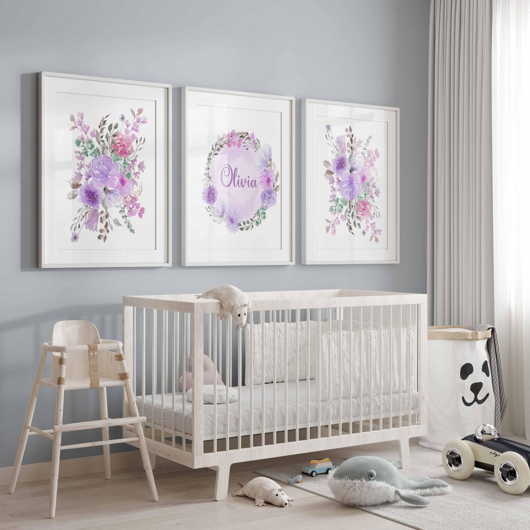 Purple Nursery Floral Print, Set of 3, Lilac Girl Nursery Decor ...