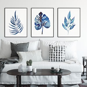 Set of 3 Botanical Prints, Blue Wall Art,  Botanical print set of 3, Palm leaf Print, Navy blue Art Prints, Blue Botanical Art Prints