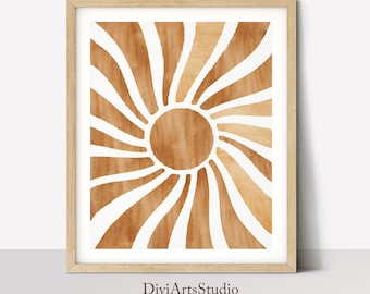Retro Sunshine Art Print, Sun wall art, Boho Prints, 70's Art Print, Mid Century Modern Art, Minimal Abstract Sun Poster