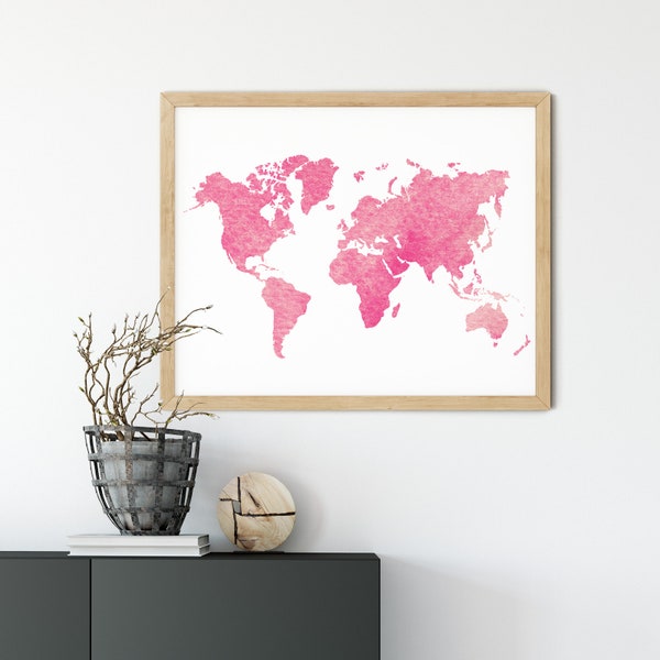 Blush Pink Watercolor world map download World map decor Pink World map wall art World map printable Nursery World Map