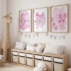 Print strik kinderkamer, bloemen meisjeskamer kunst aan de muur, flirt boog hart naam print, gepersonaliseerde babynaam print, roze paars blauw meisjesnaam
