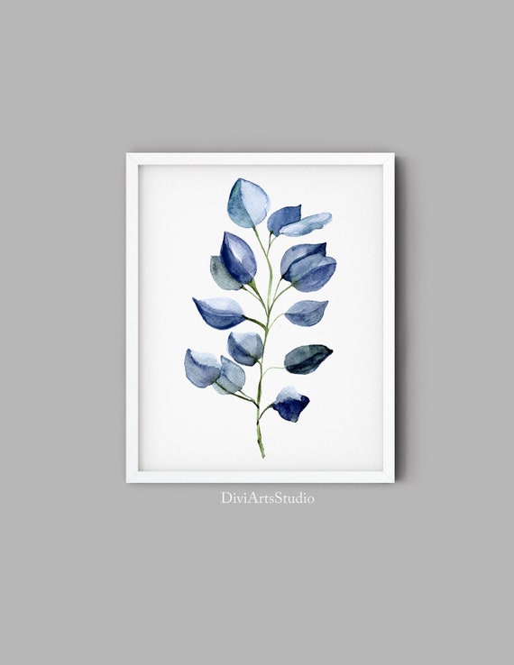 Blue Tropical printable wall art, Scandinavian Print, Eucalyptus Print, Watercolor leaf Printable Art, Navy Leaf Print, Indigo wall art