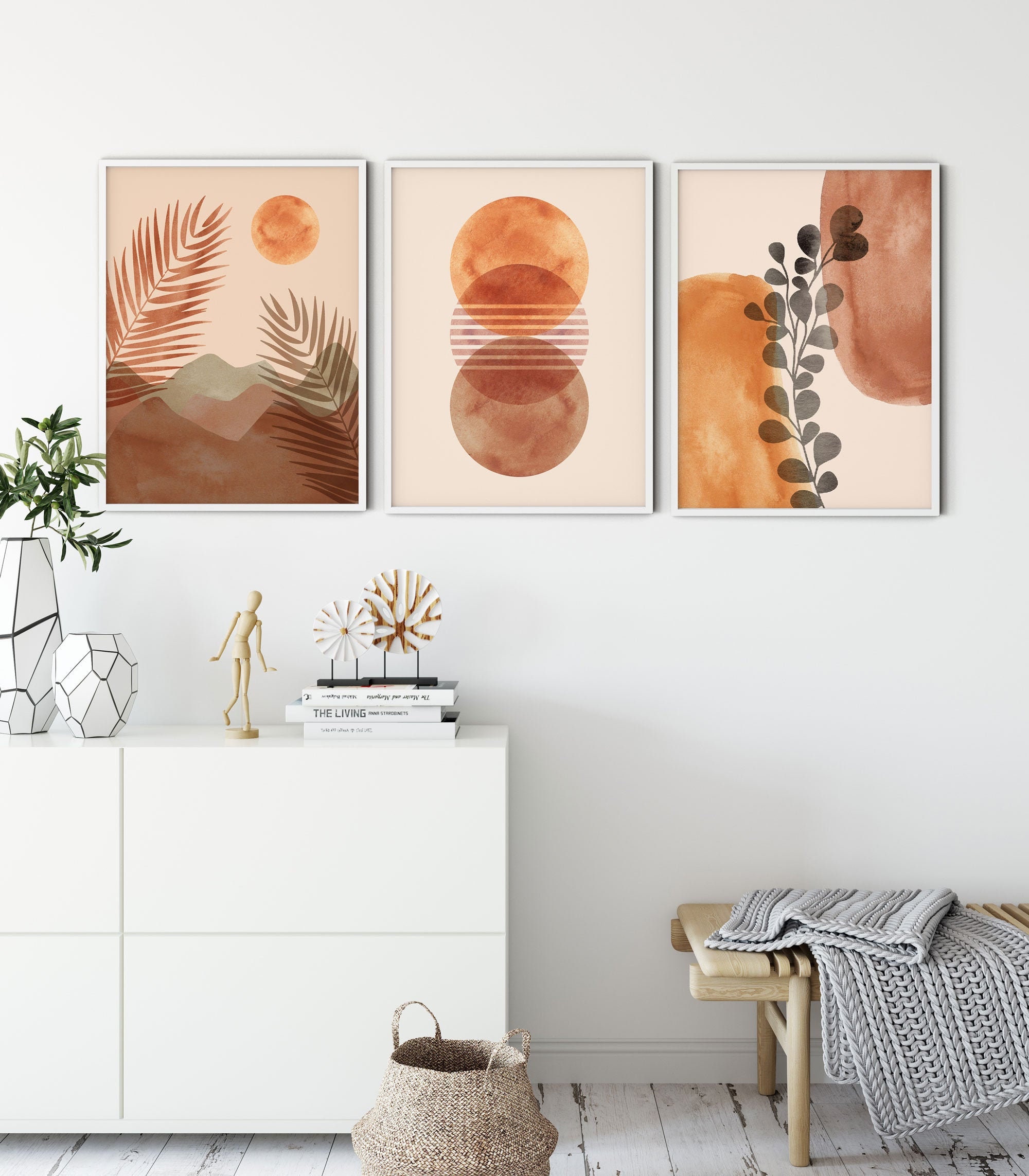 Terracotta prints set of 3, Mid Century Modern Art Print, Boho Decor, Minimalist Gallery Wall, Abstract Sun Desert Print