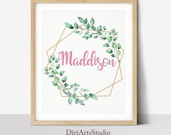 Baby Name Print, Gender Neutral Nursery, Custom Name Print, Boho Nursery Wall Art Printable, Kids Name Print, Eucalyptus Leaf