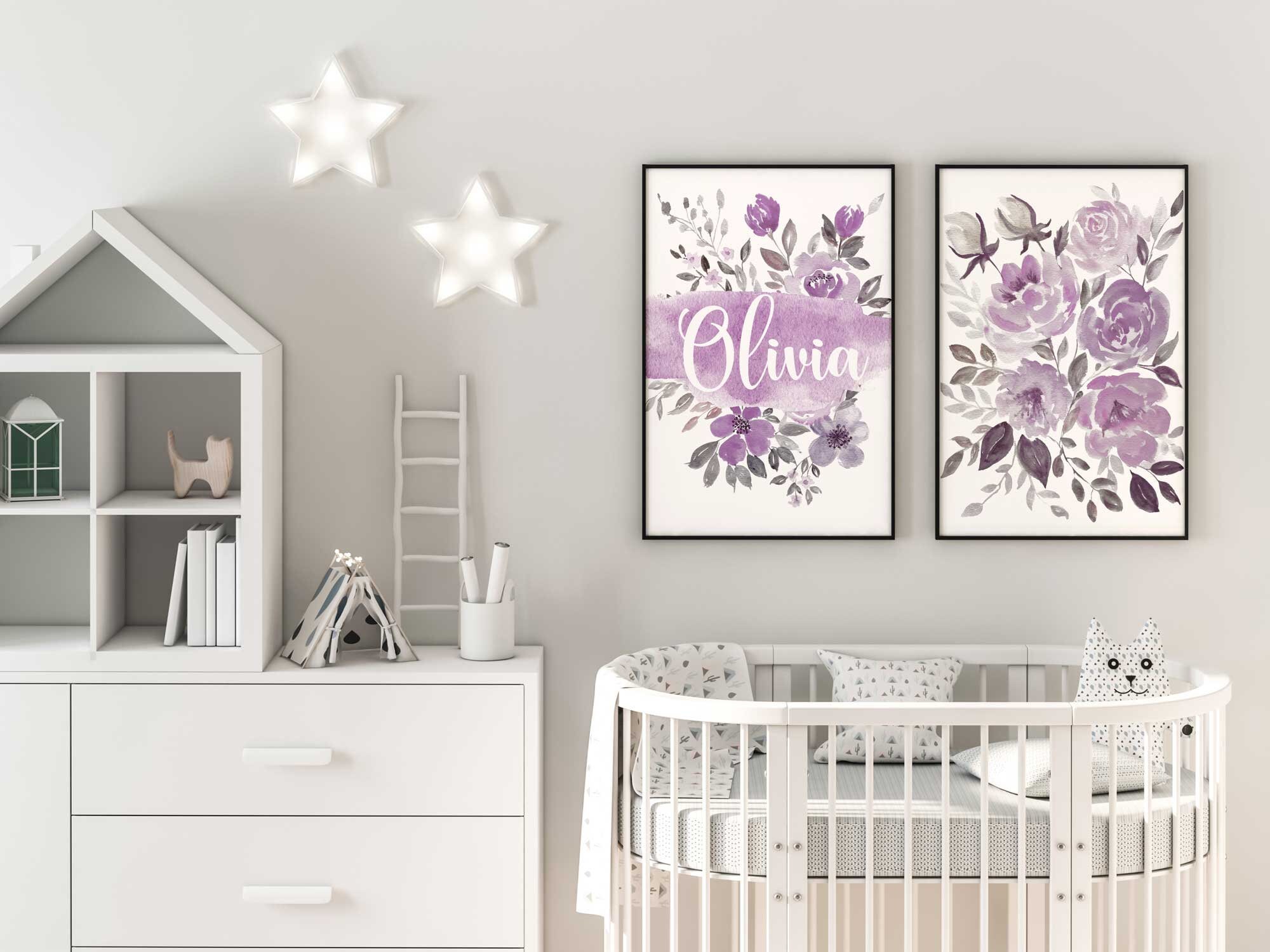 Personalized Nursery Decor Girl, Purple Floral Art Printable, Lilac ...
