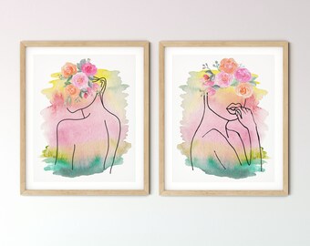 Floral Head Women, Set of Two Prints, Pastel Wall Art, Abstract Line Art, Woman With Flowers, Women Body Line Art, Pastel Floral Painting