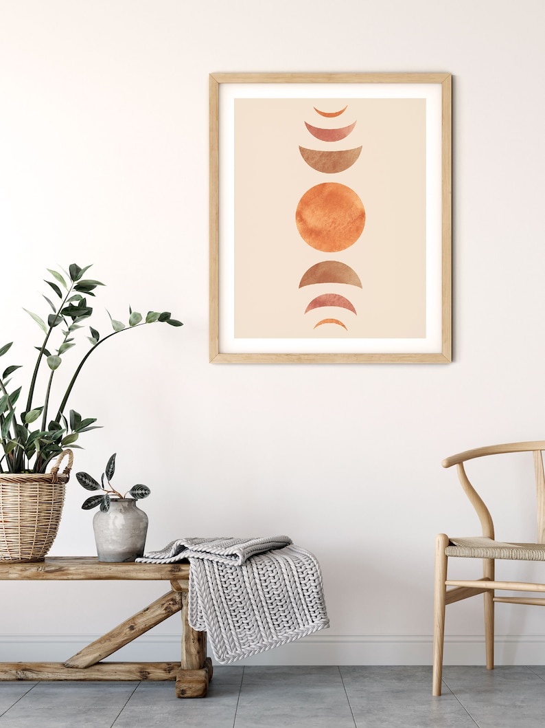 Terracotta Prints Set of 3, Mid Century Modern Art Print, Moon Phases ...