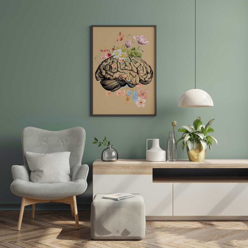 Anatomical Brain With Flowers, Anatomy Poster, Human Brain Art Print ...