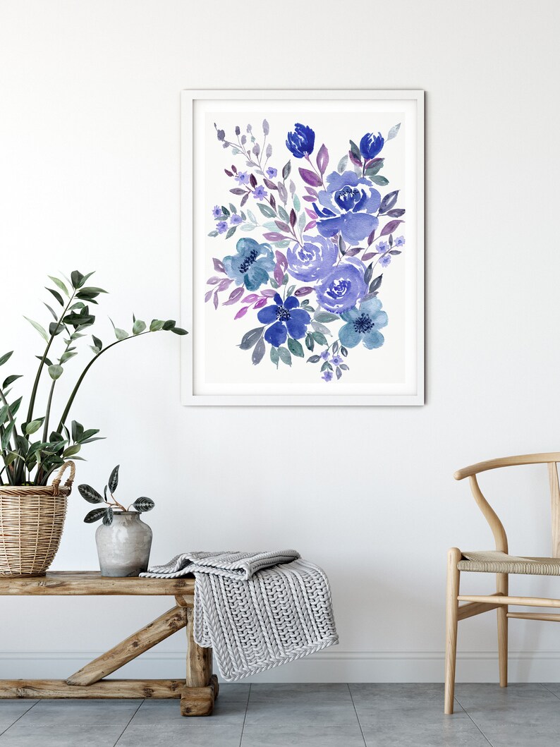 Watercolor Blue Flowers Wall Art Navy Blue Flower Print Etsy
