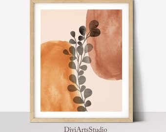 Orange Botanical Print, Mid Century Modern Wall Art, Eucalyptus Print, Abstract Terracotta Print, Black Leaf Wall Art