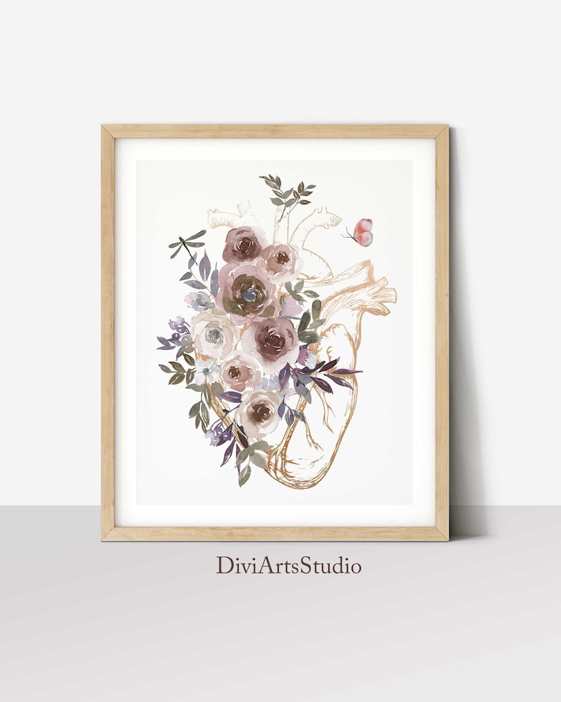 Human Heart Gold With Flowers, Anatomical Heart, Anatomy Art Print ...