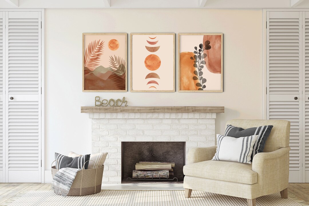 Terracotta Prints Set of 3, Mid Century Modern Art Print, Moon Phases ...