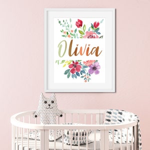 Pu&ograve; includere: Una stampa incorniciata bianca con un design floreale ad acquerello e il nome "Olivia" in lettere dorate.