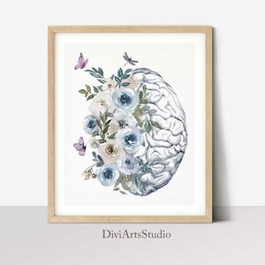 Anatomical Brain Art Print, Human Brain with flowers, Anatomy Poster, Medical Student Gift, Neurologist Decor, Psychologist Gift Idea