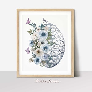 Anatomical Brain Art Print, Human Brain with flowers, Anatomy Poster, Medical Student Gift, Neurologist Decor, Psychologist Gift Idea