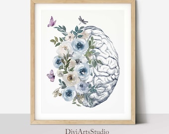 Impresión de arte anatómico del cerebro, cerebro humano con flores, cartel de anatomía, regalo de estudiante de medicina, decoración de neurólogo, idea de regalo de psicólogo