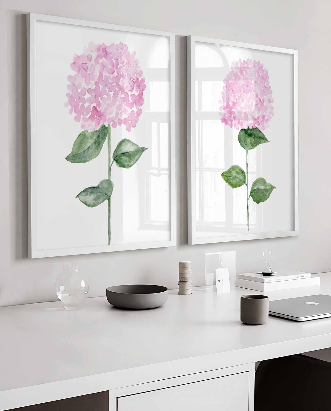 Pink Hydrangea Watercolor Prints: Set of 2 Botanical Floral Wall Art - Etsy