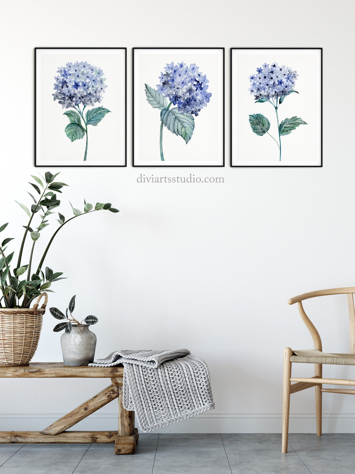 Hydrangea Art Print Set, Blue Botanical Flowers Print Set of 3 ...