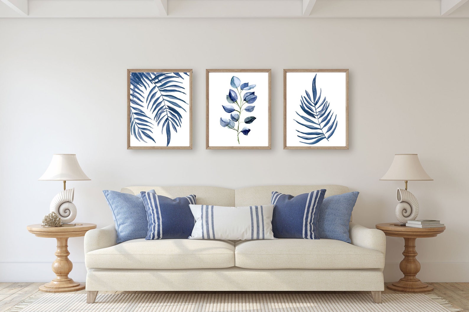 Set of 3 Prints Botanical, Tropical Leaf Print, Living Room Decor, Blue ...
