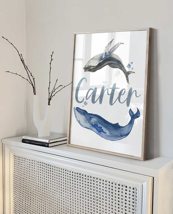 Baby name Print for nursery boy, Baby boy nursery nautical, Sea Life Nursery Wall Art, Nursery whale print, Nursery Name Art