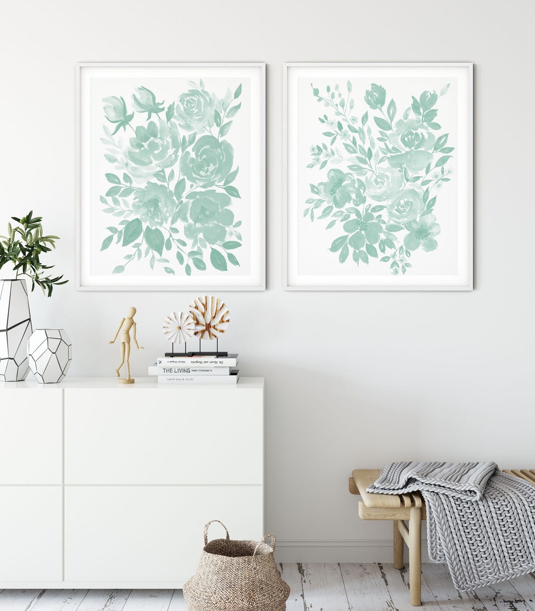 Teal Flower Wall Art Set of 2 Prints Bedroom Print Bathroom Etsy