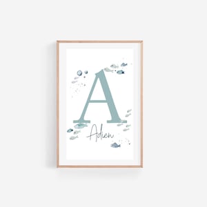 Impresión con nombre de bebé, guardería infantil con tema marino, guardería infantil con tema náutico, arte de pared para guardería con vida oceánica, impresión con nombre de guardería, arte con nombre de guardería