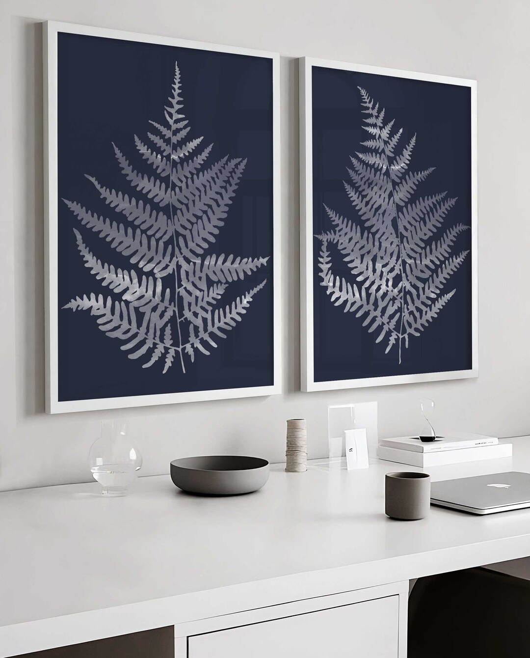 Navy Fern Leaves Print, Blue Bathroom Wall Art, Set of 2 Prints ...