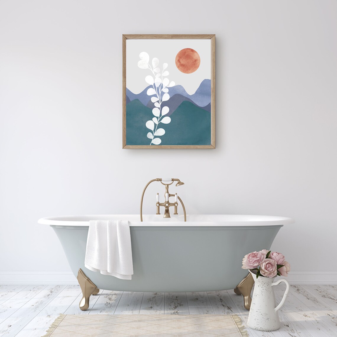 Bathroom Wall Art Abstract Blue Boho Print Terracotta Sun - Etsy