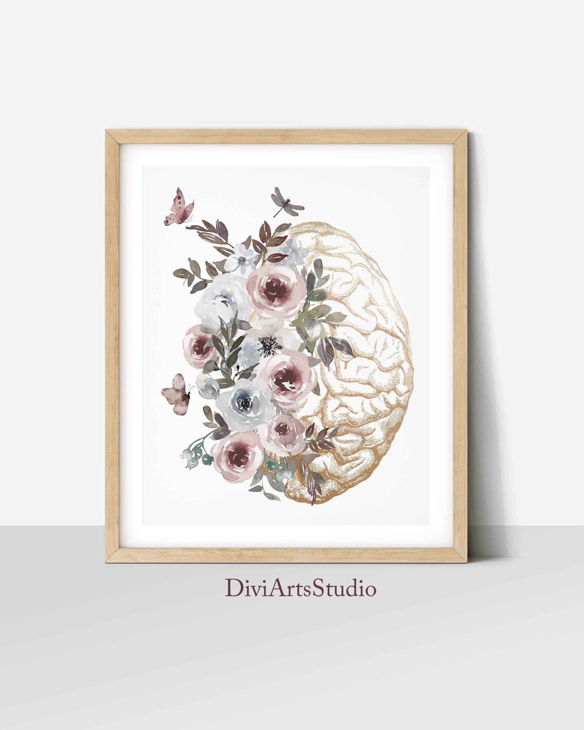 Anatomy Poster, Brain Floral, Gold Heart Print, Set of 2 , Medical ...