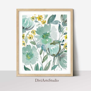 Turquoise wall art, Teal Floral Prints, Abstract Watercolor Flowers Painting, Mint Green wall Decor