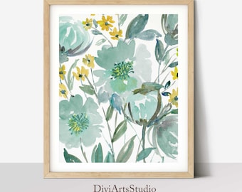 Turquoise wall art, Teal Floral Prints, Abstract Watercolor Flowers Painting, Mint Green wall Decor