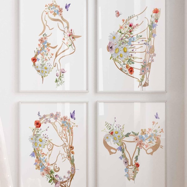 Schwangerschaft Wandkunst, Hebamme Blumendruck, Gynäkologie Poster, Set von 4, Doula Geschenk, Obgyn Anatomie, Geburtshelfer Doktor Büro Dekor