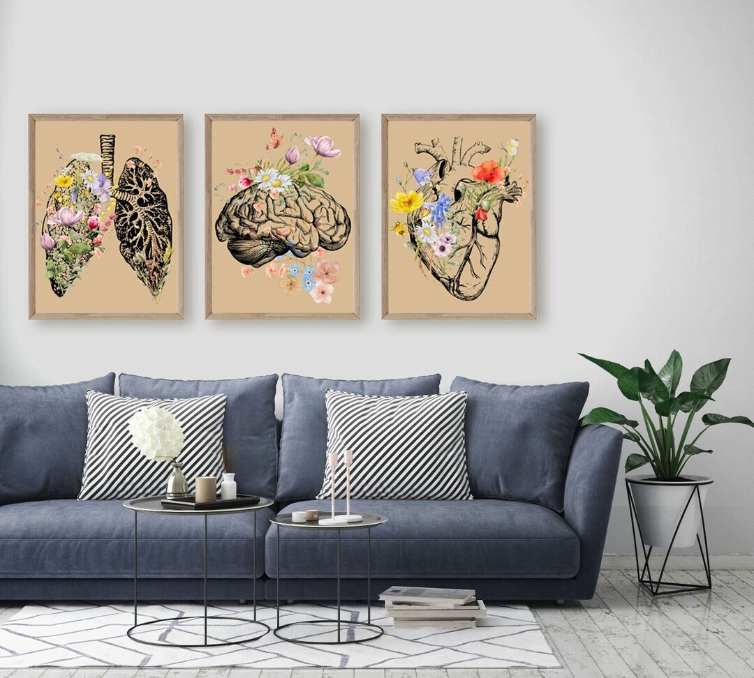 Anatomy Wall Art, Doctor Office Decor, Flowers Human Heart Print, Set ...