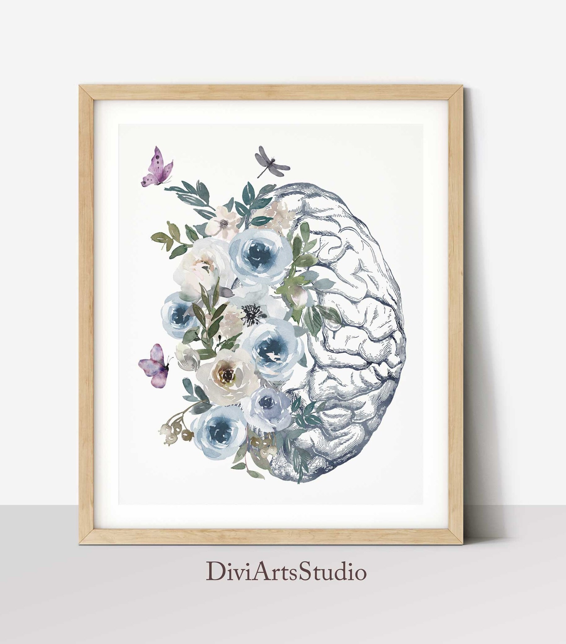 Anatomical Brain Art Print, Human Brain With Flowers, Anatomy Poster ...