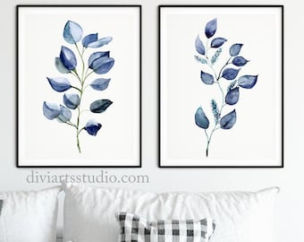 Eucalyptus print, Set of 2 prints botanical, Blue Wall Art, Eucalyptus Art Print Set