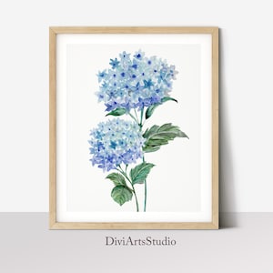 Peinture bleu d’hydrangea, aquarelle d’Hydrangea, estampes botaniques d’art de mur, impression d’Hydrangea, art de mur de fleur, impression d’art de fleur bleue