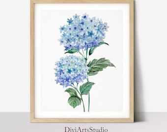 Blue Hydrangea Painting, Hydrangea Watercolor, Botanical Wall Art Prints, Hydrangea Print, Flower Wall Art, Blue Flower Fine Art Print