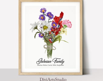 Geboorte bloemenboeket, geboorte bloem print, geboorte bloem kunst, aangepaste familie cadeau, gepersonaliseerde Mothers Day gift, geboorte Florals afdrukbare kunst