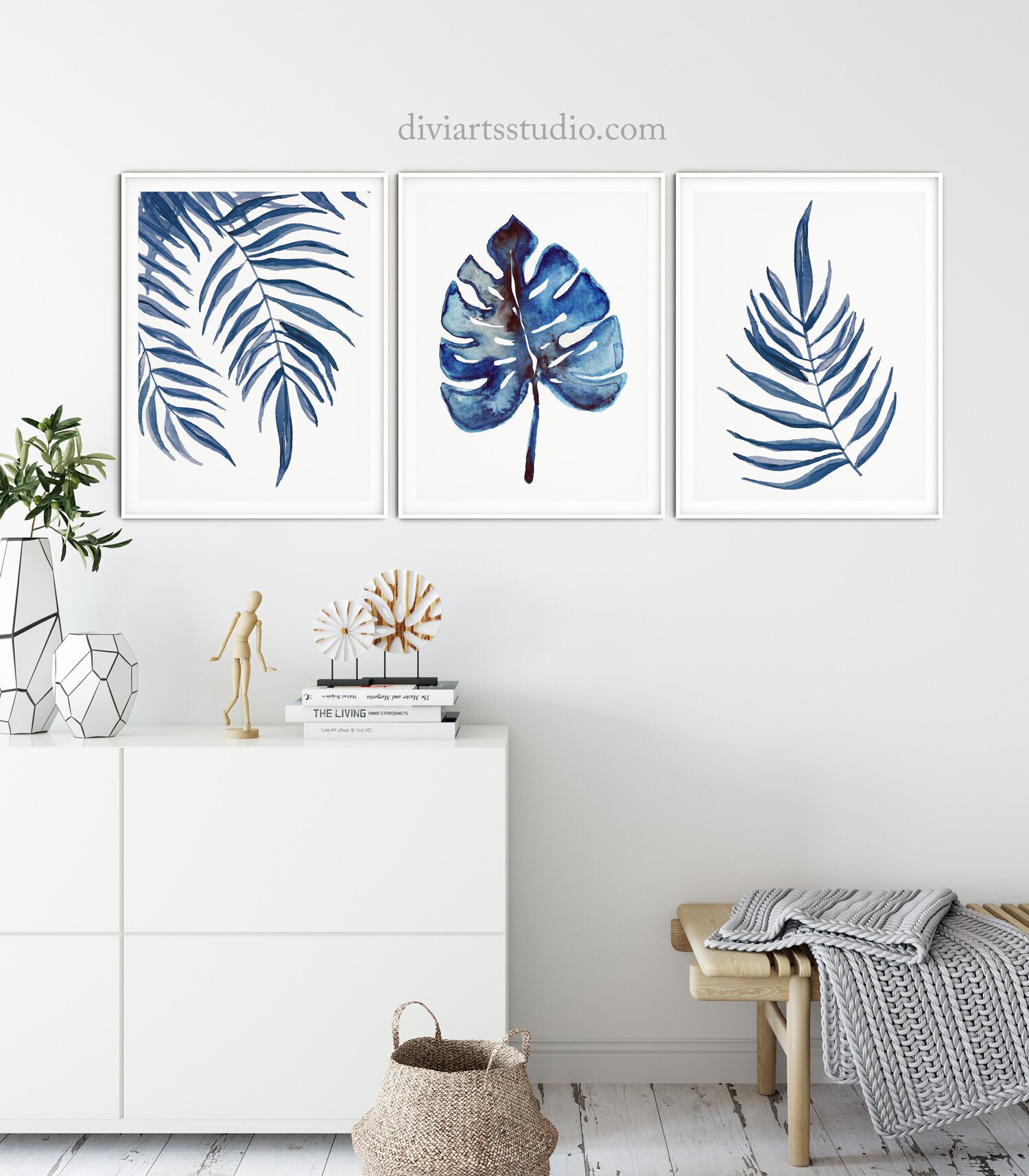 Blue Wall Art, Botanical Print Set of 3, Palm Leaf Print, Monstera Leaf ...