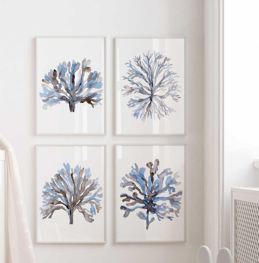 Seaweed Wall Decor Nautical Blue Coral Coastal Wall Art Set of 4 Prints ...