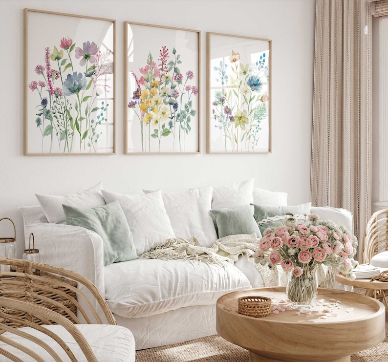 Wildflower Prints, Girl Nursery Wall Art, Set of 3 Prints, Meadow ...