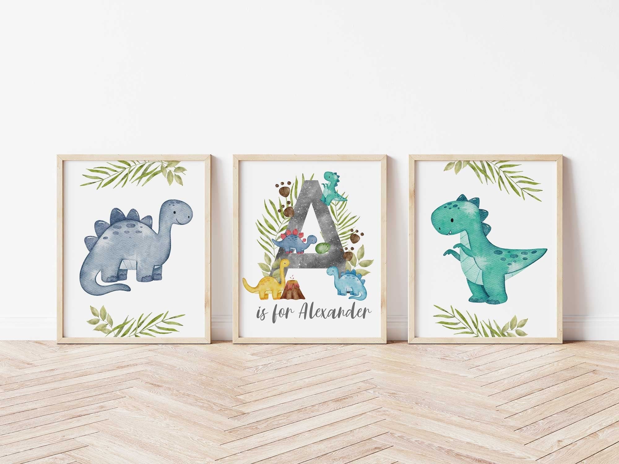Dinosaur Wall Art, Boy Nursery Decor, Personalized Name Print, Set of 3 ...