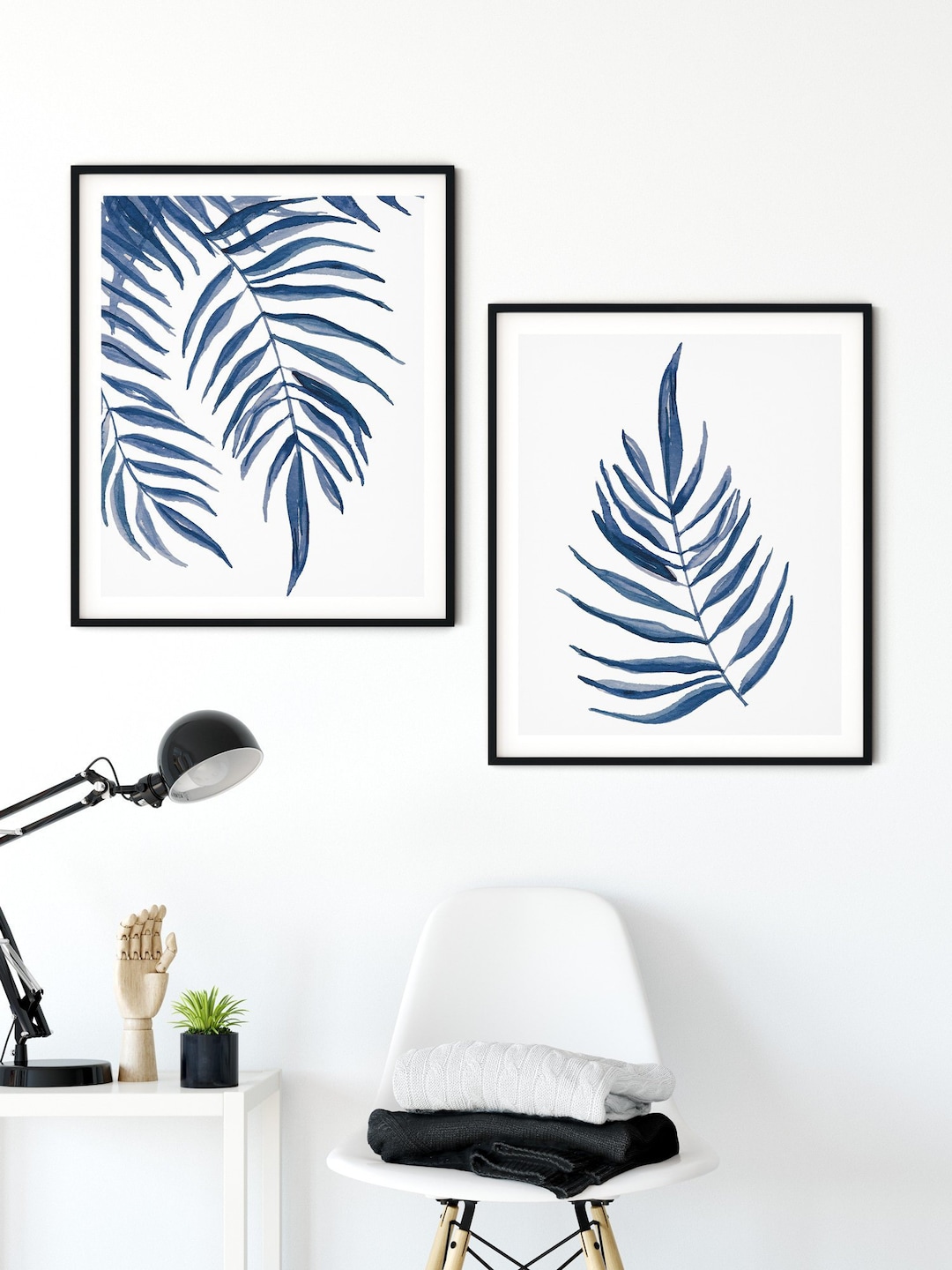 Navy Blue Wall Art, Palm Tree Print, Leaf Print, Set of Two Prints ...