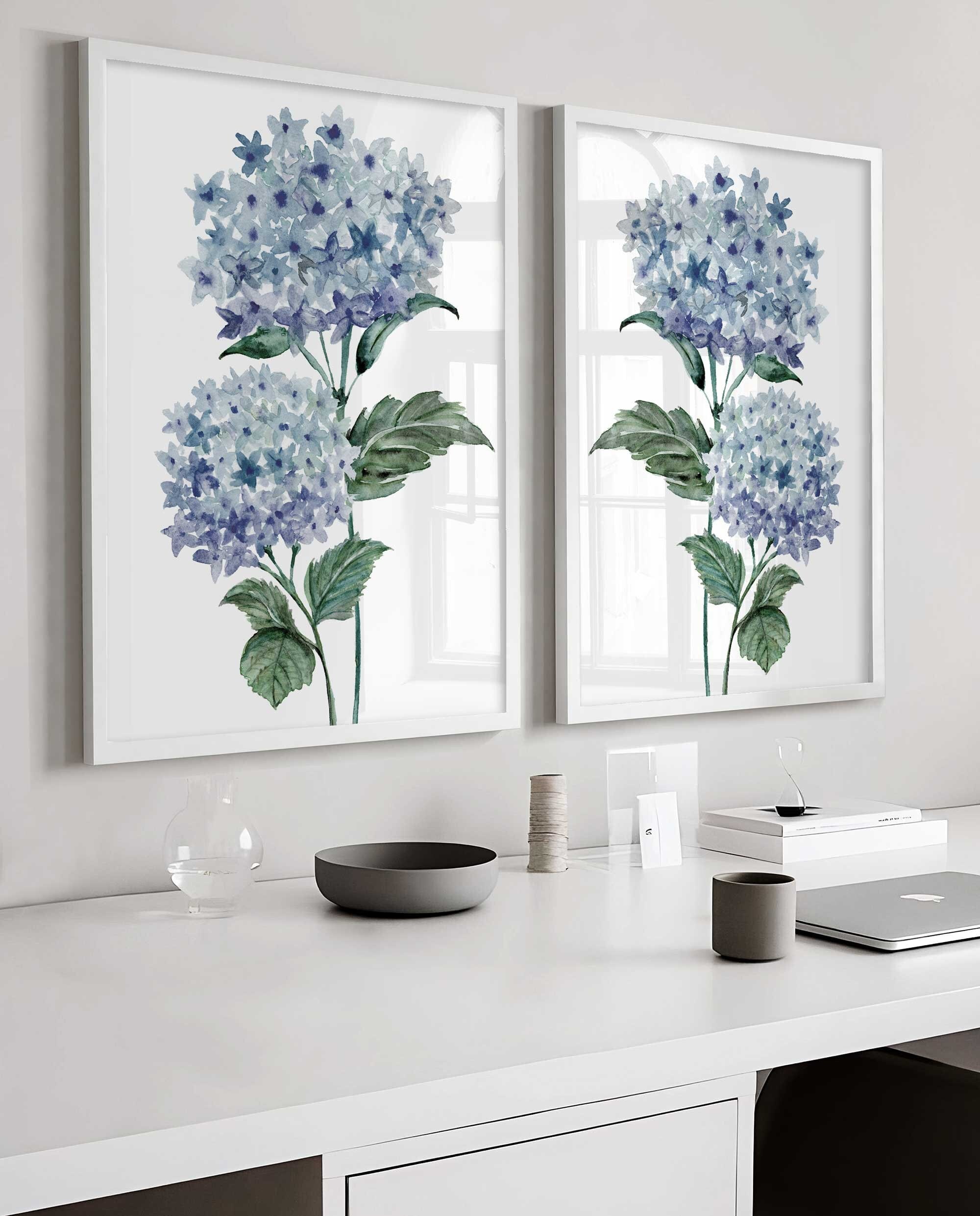 Hortensia aquarel, blauwe bloem kunst aan de muur, set van twee prints, blauwe hortensia schilderij, botanische bloemenprints, set van 2 botanische prints