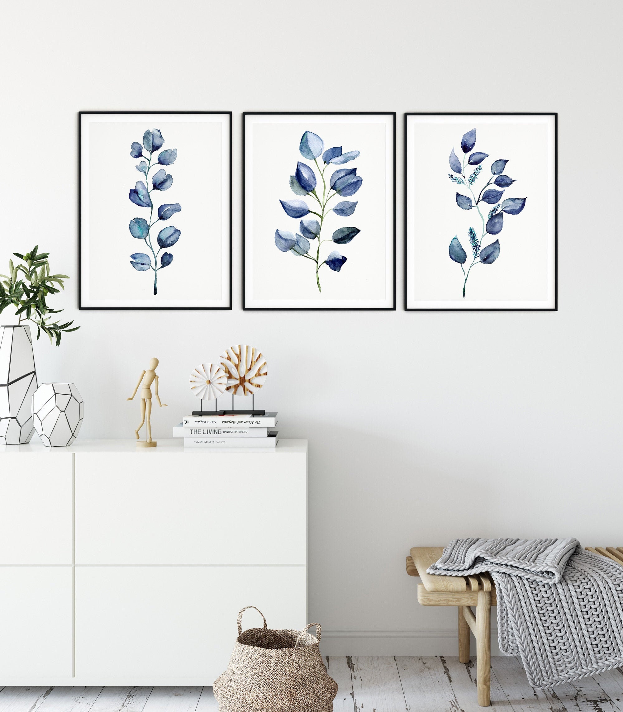 Botanical Print Set of 3 Blue Wall Art Eucalyptus Leaf Etsy