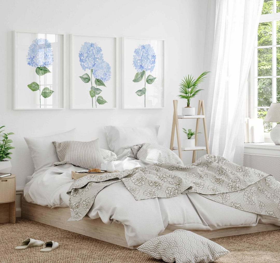 Blue Hydrangea Print Set of 3, Watercolor Botanical Flowers, Wall Art ...