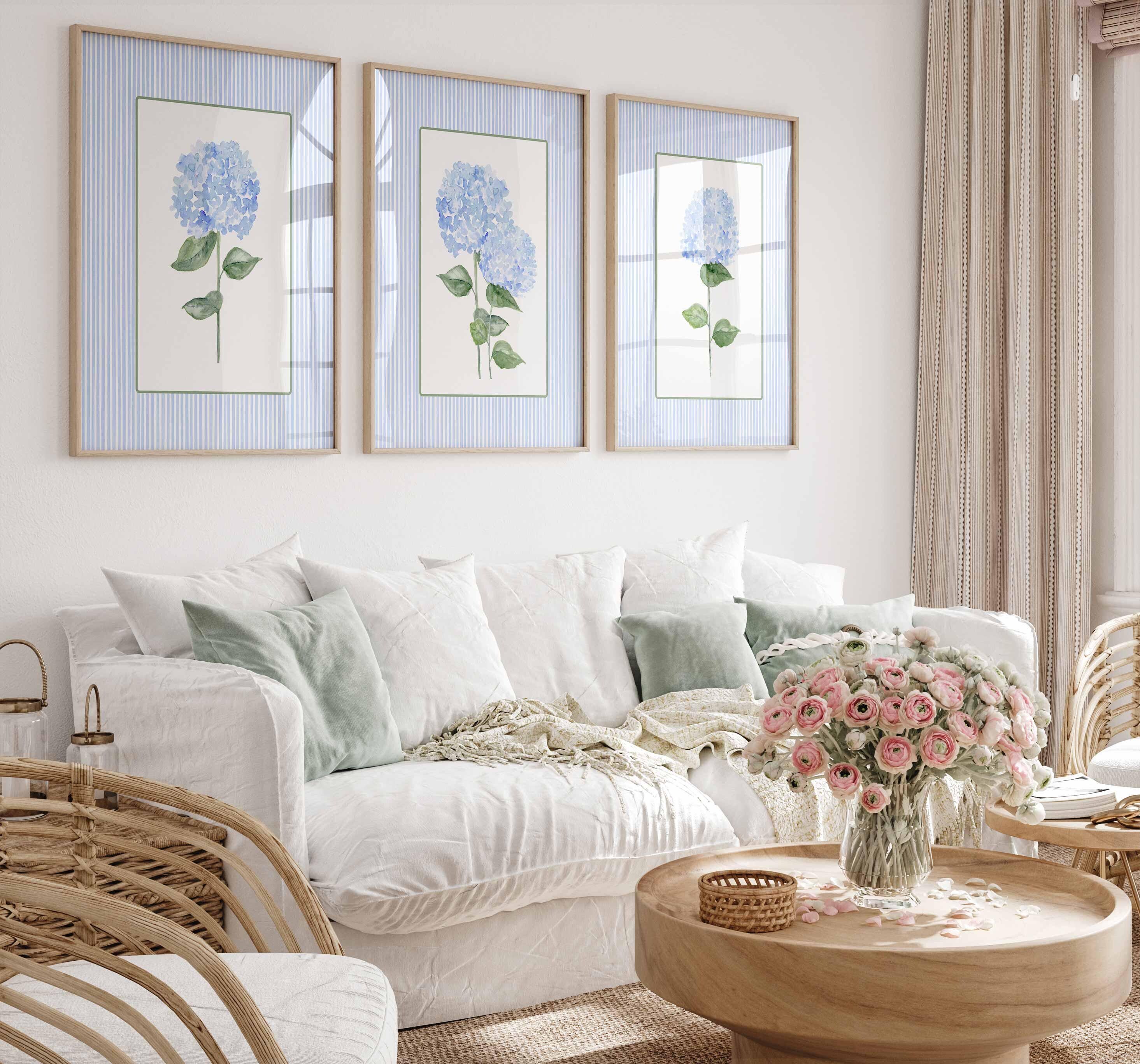 Blue Hydrangea Print, Set of 3 Hydrangeas, Stripes Coastal Decor