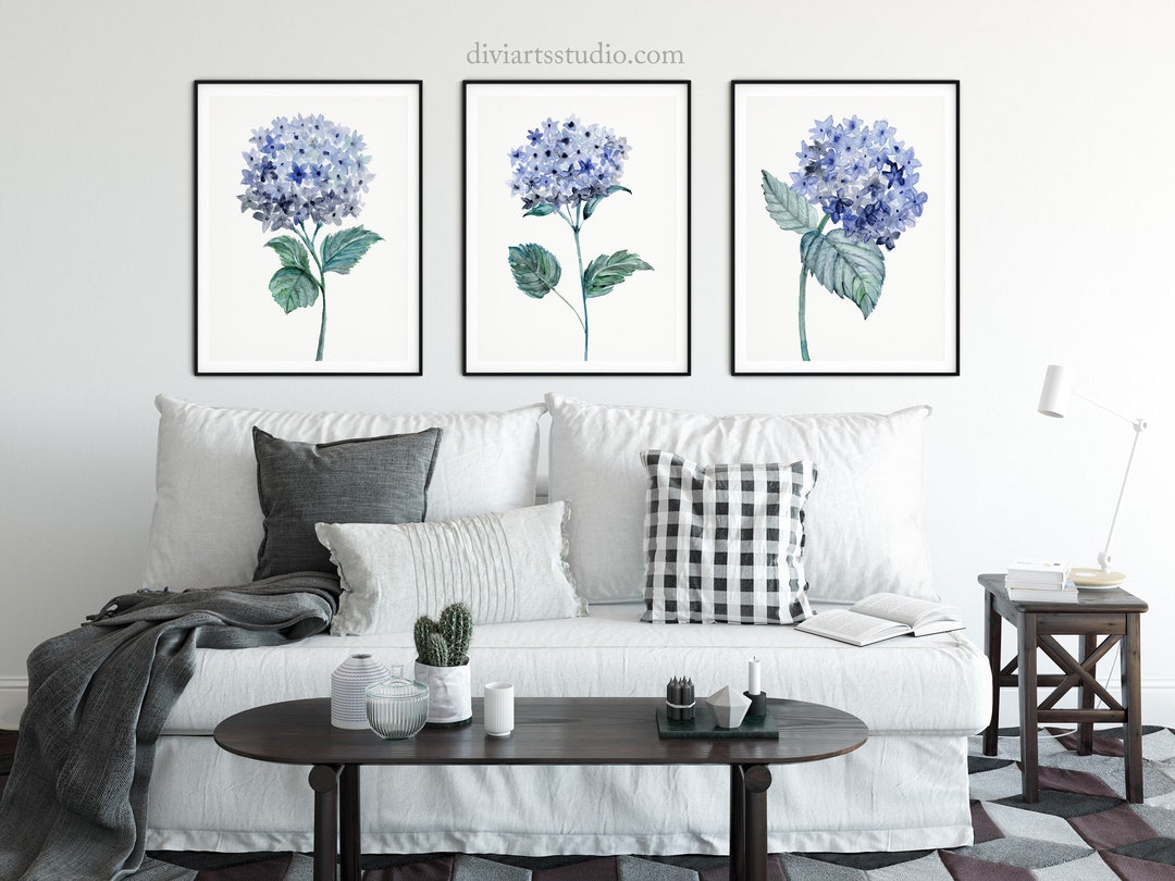 Hydrangea Art Print Set, Blue Botanical Flowers Print Set of 3 ...
