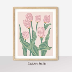 Tulip Print, Floral Pink and Green Poster, Boho Abstract Wall Art ...